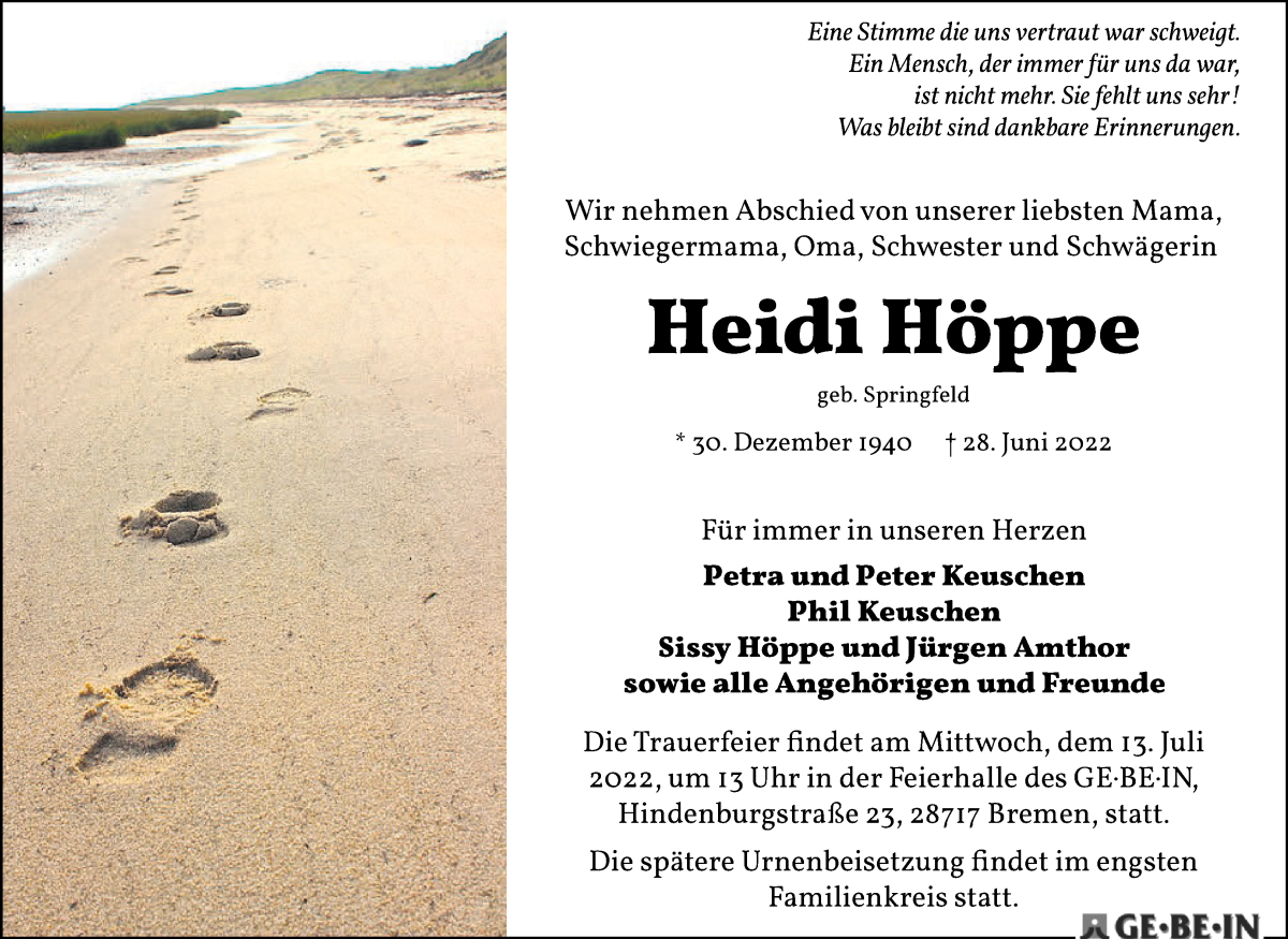 Traueranzeige von Heidi Höppe von WESER-KURIER