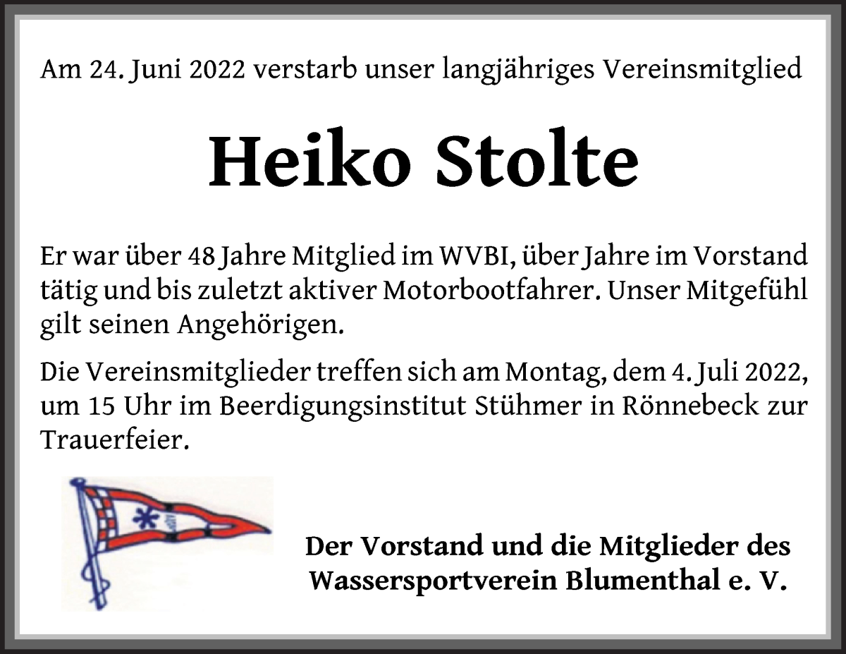 Traueranzeige von Heiko Stolte von Die Norddeutsche