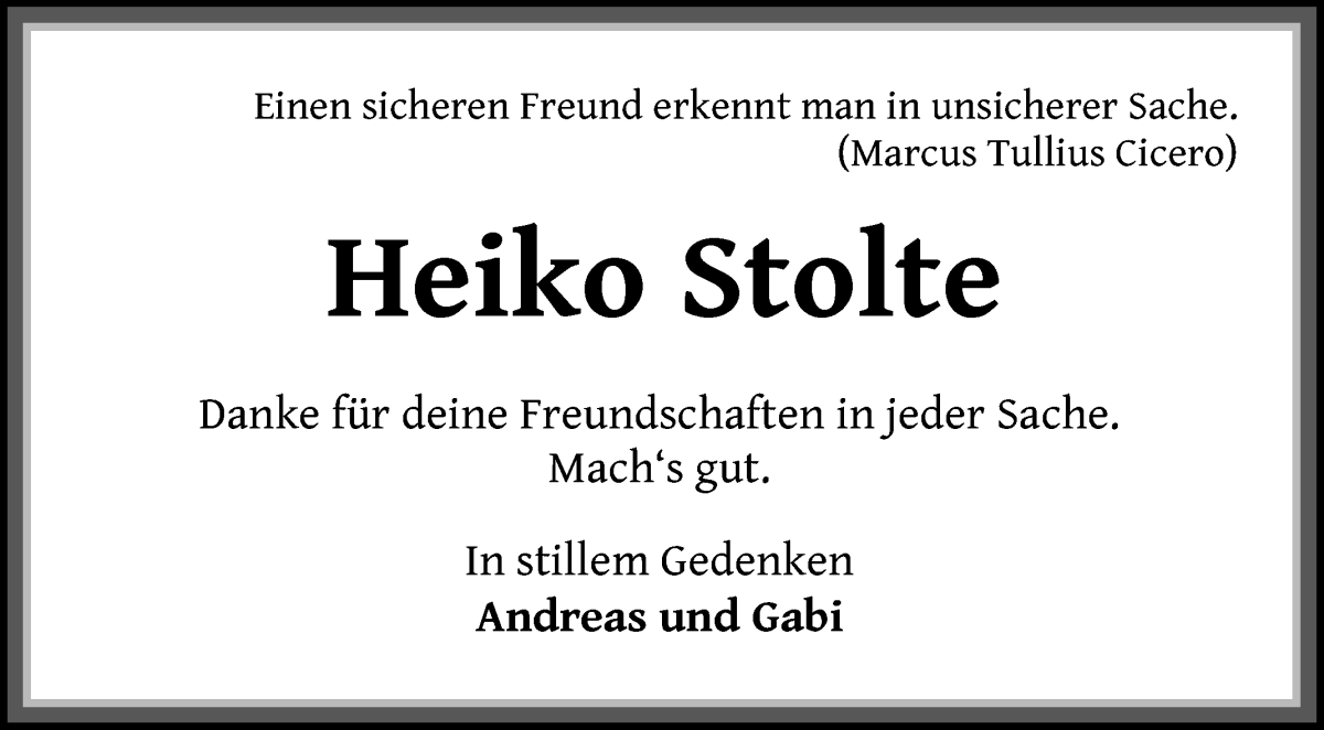 Traueranzeige von Heiko Stolte von Die Norddeutsche