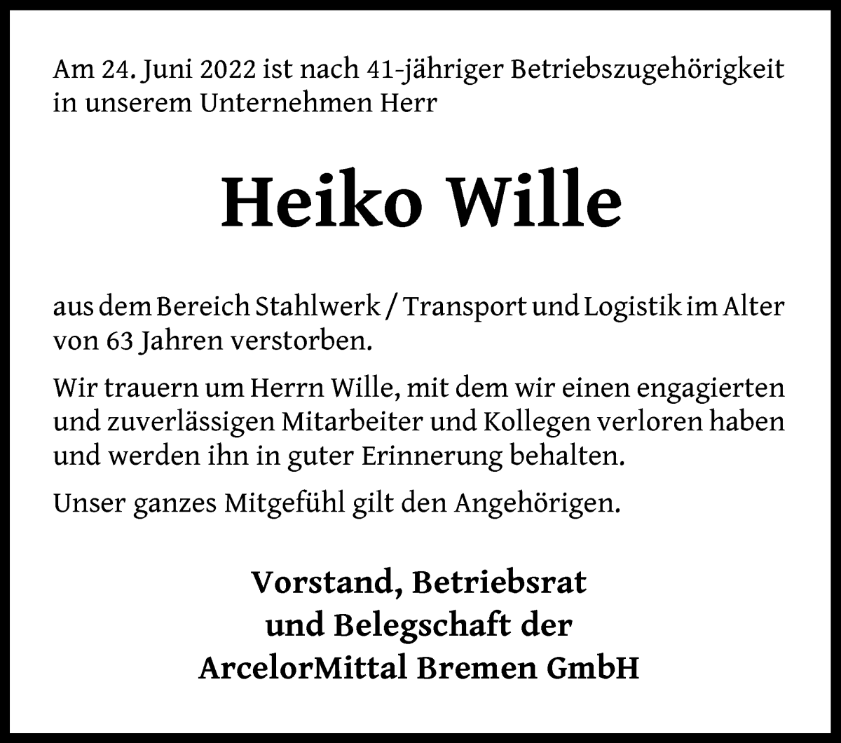 Traueranzeige von Heiko Wille von WESER-KURIER