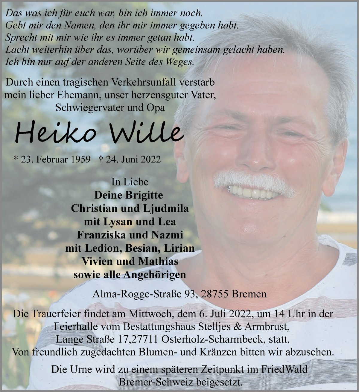 Traueranzeige von Heiko Wille von Osterholzer Kreisblatt