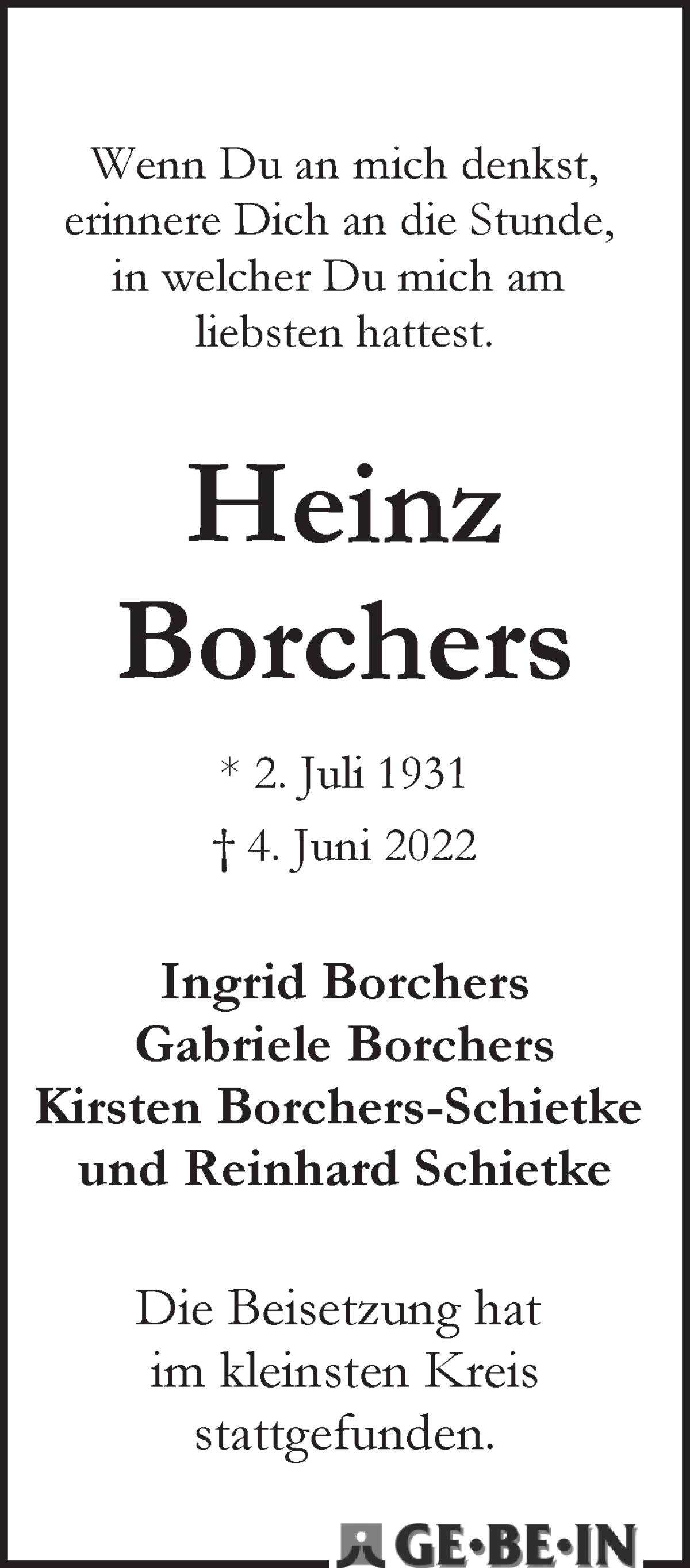 Traueranzeige von Heinz Borchers von WESER-KURIER