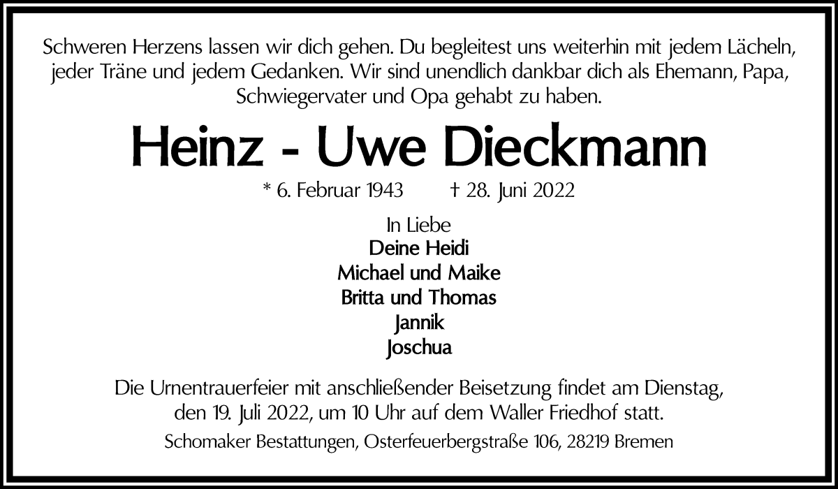 Traueranzeige von Heinz-Uwe Dieckmann von WESER-KURIER