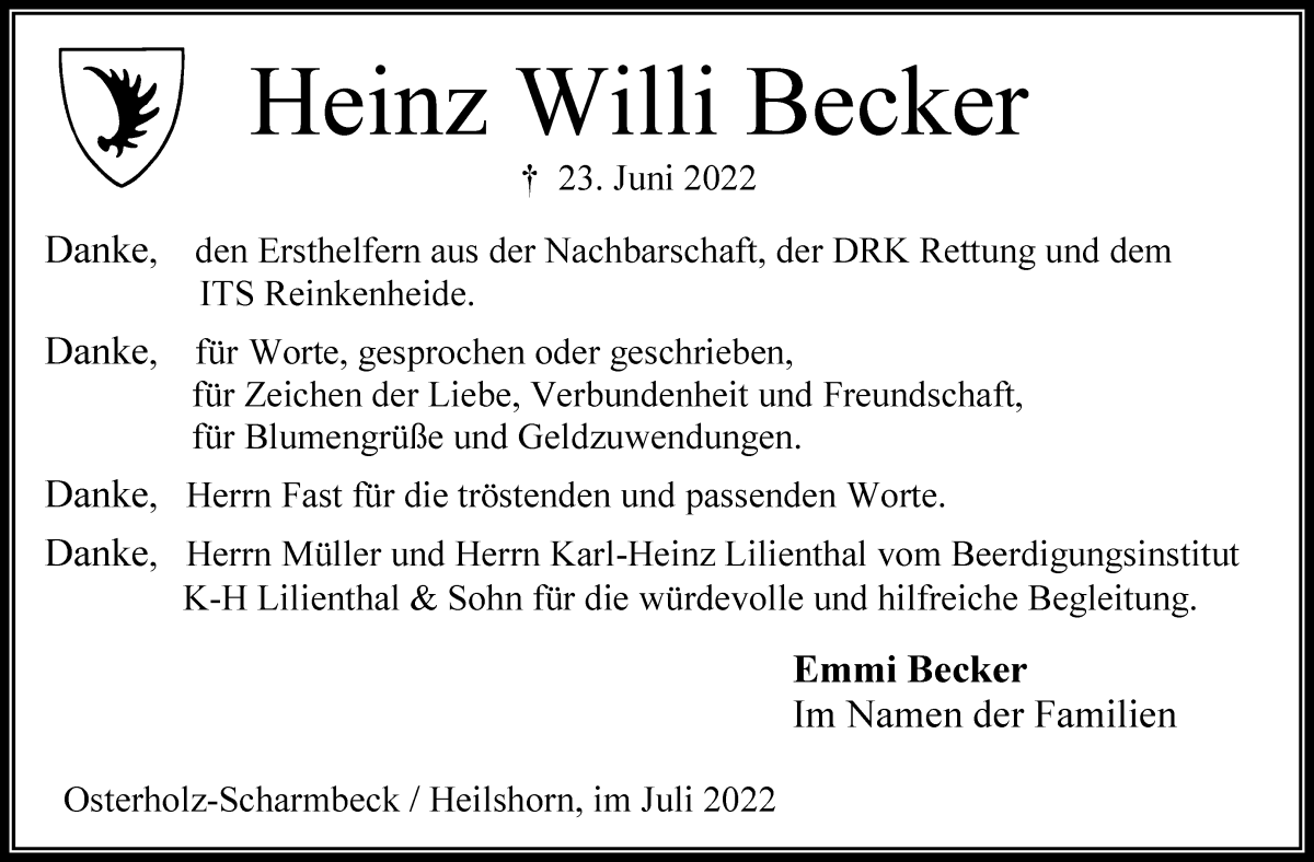 Traueranzeige von Heinz Willi Becker von Osterholzer Kreisblatt