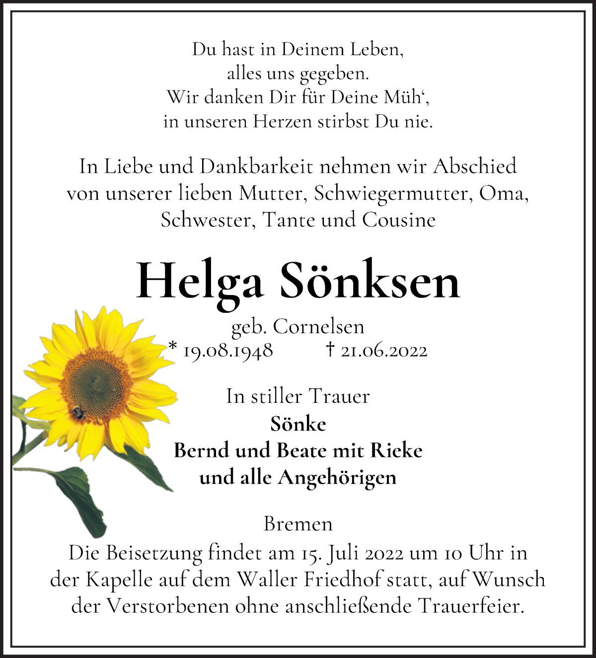 Traueranzeige von Helga Sönksen von WESER-KURIER