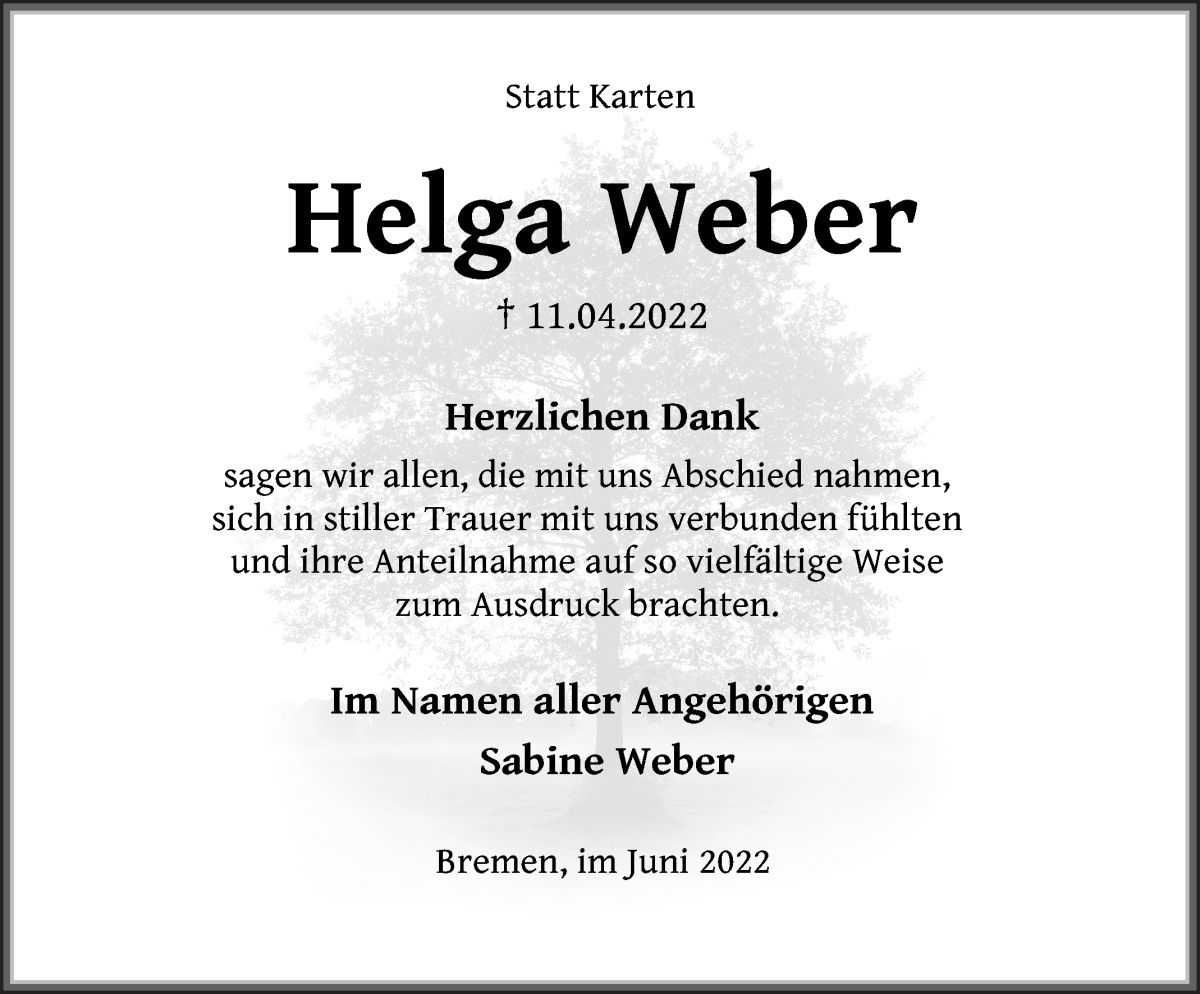 Traueranzeige von Helga Weber von Wuemme Zeitung