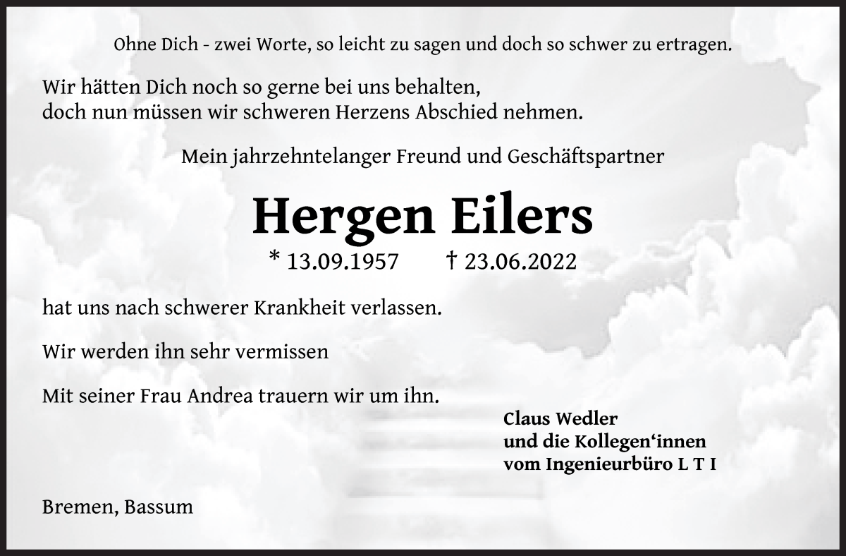 Traueranzeige von Hergen Eilers von WESER-KURIER