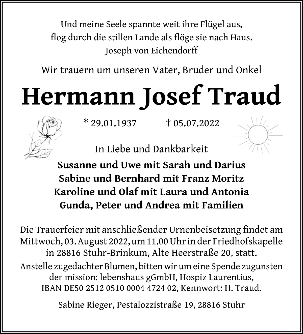 Traueranzeige von Hermann Josef Traud von WESER-KURIER