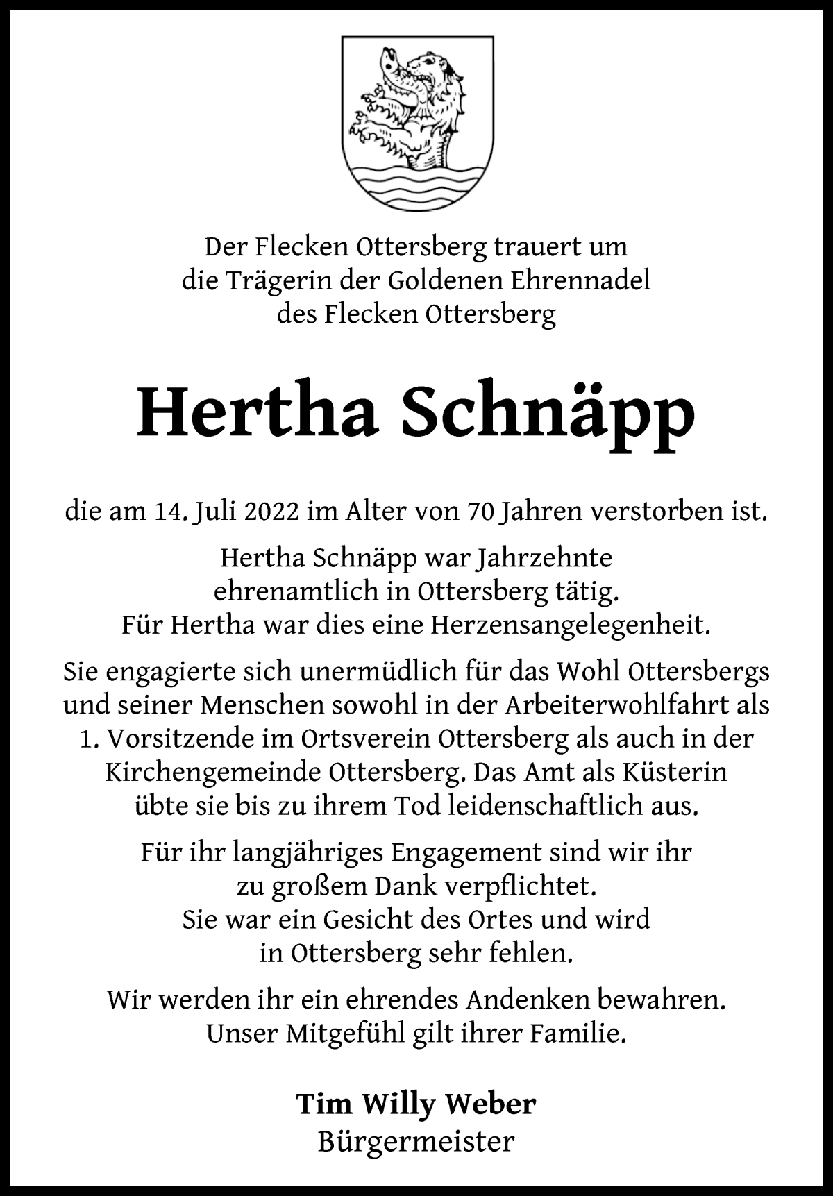 Traueranzeige von Hertha Schnäpp von Achimer Kurier/Verdener Nachrichten