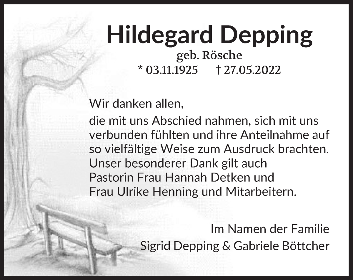 Traueranzeige von Hildegard Depping von WESER-KURIER