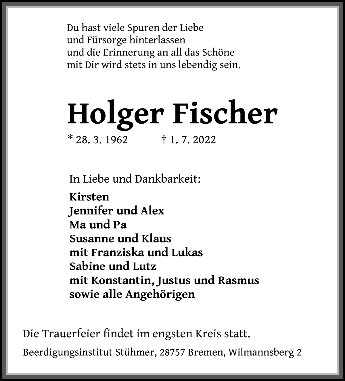 Traueranzeige von Holger Fischer von Die Norddeutsche