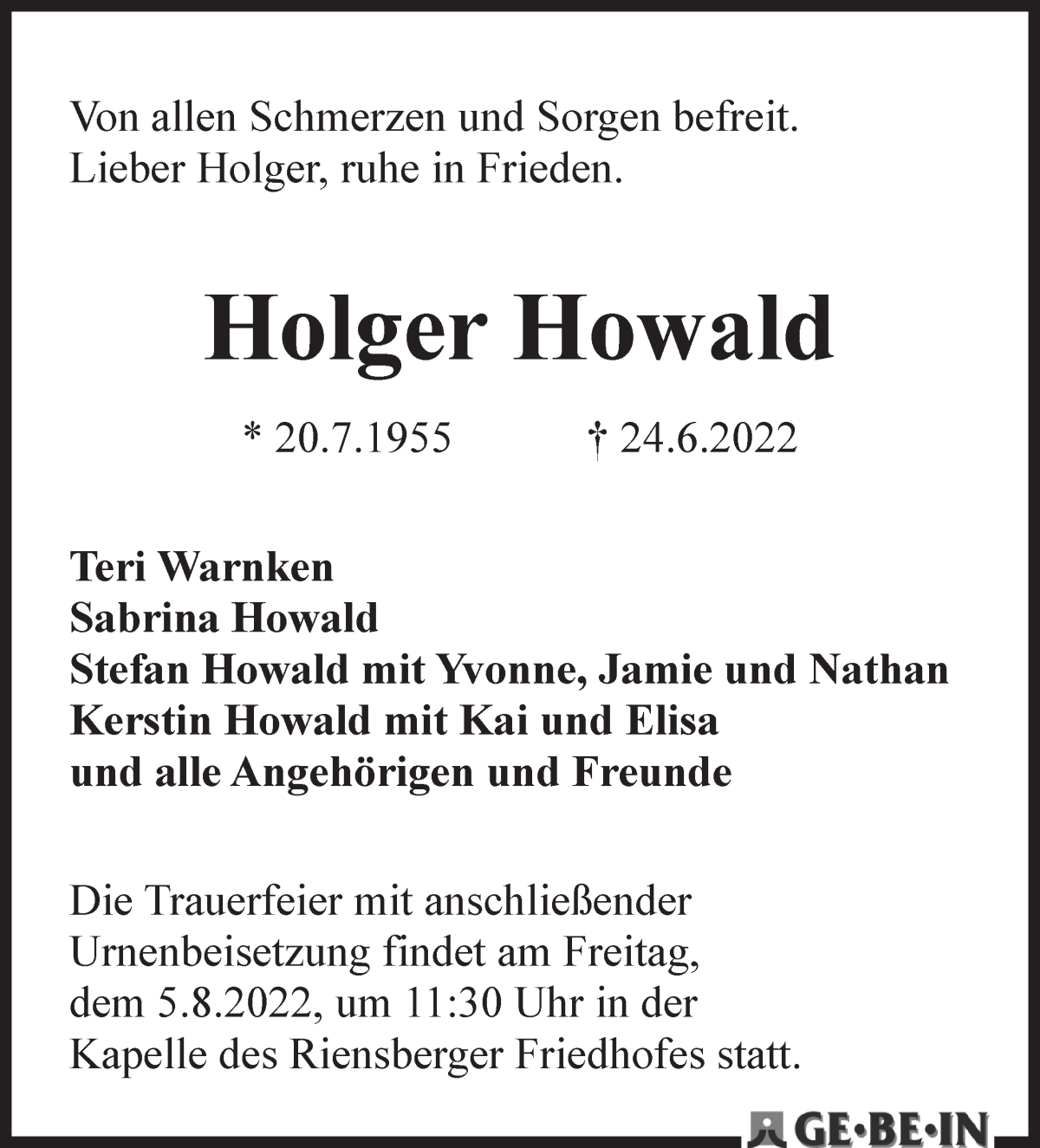 Traueranzeige von Holger Howald von WESER-KURIER