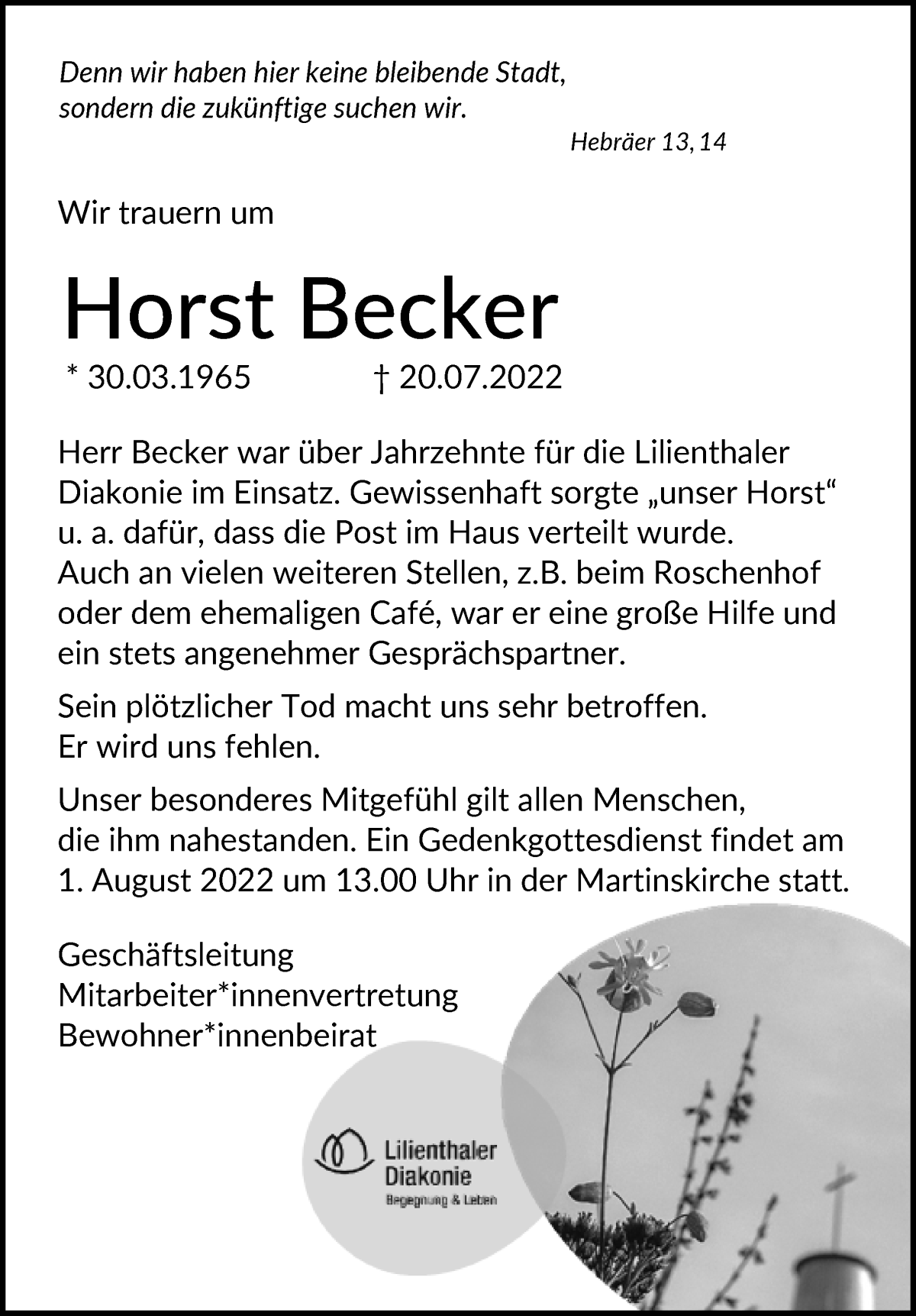 Traueranzeige von Horst Becker von Wuemme Zeitung