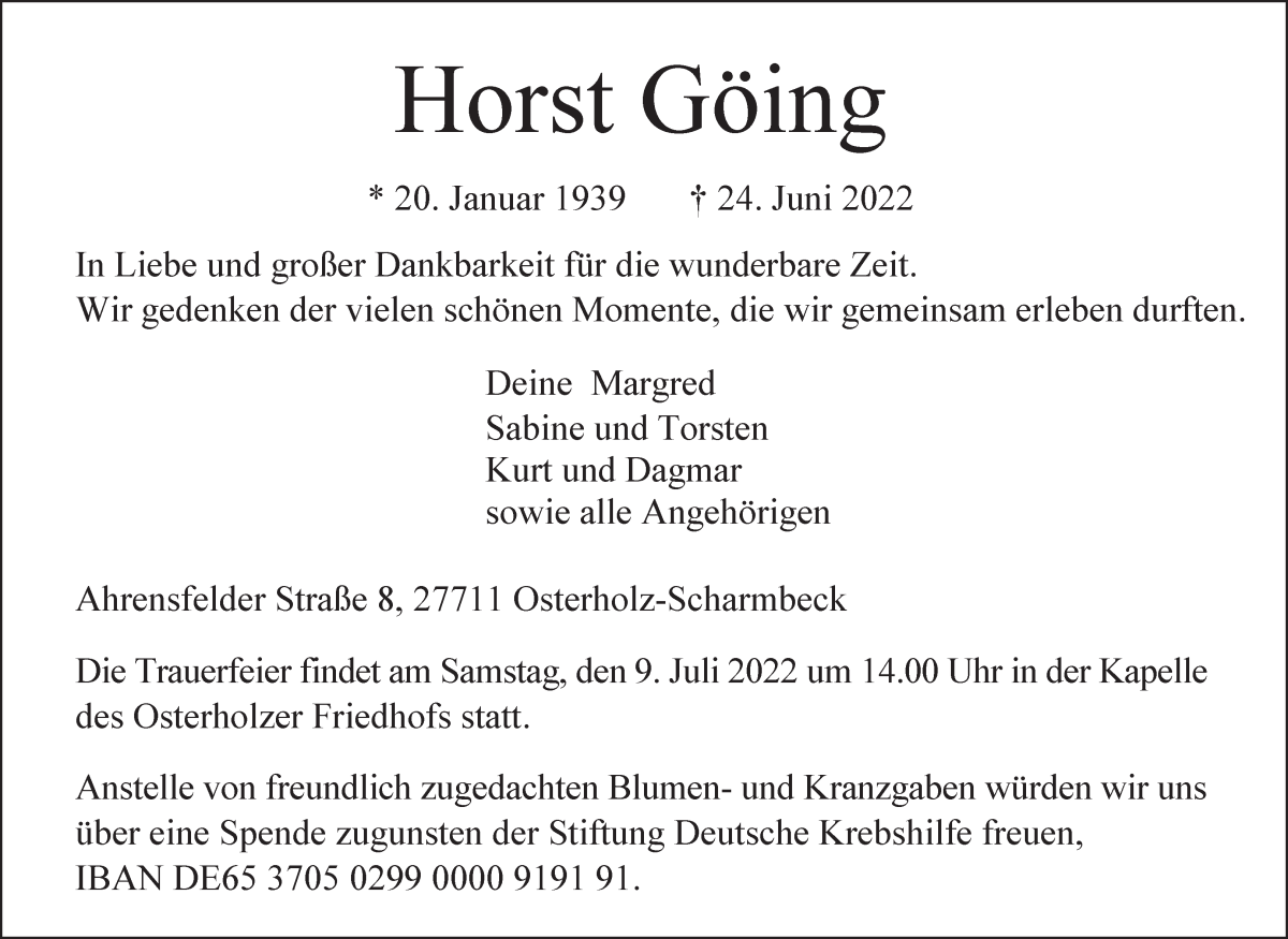 Traueranzeige von Horst Göing von Osterholzer Kreisblatt