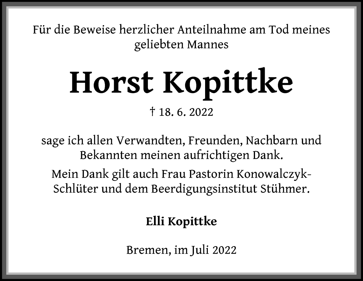 Traueranzeige von Horst Kopittke von Die Norddeutsche