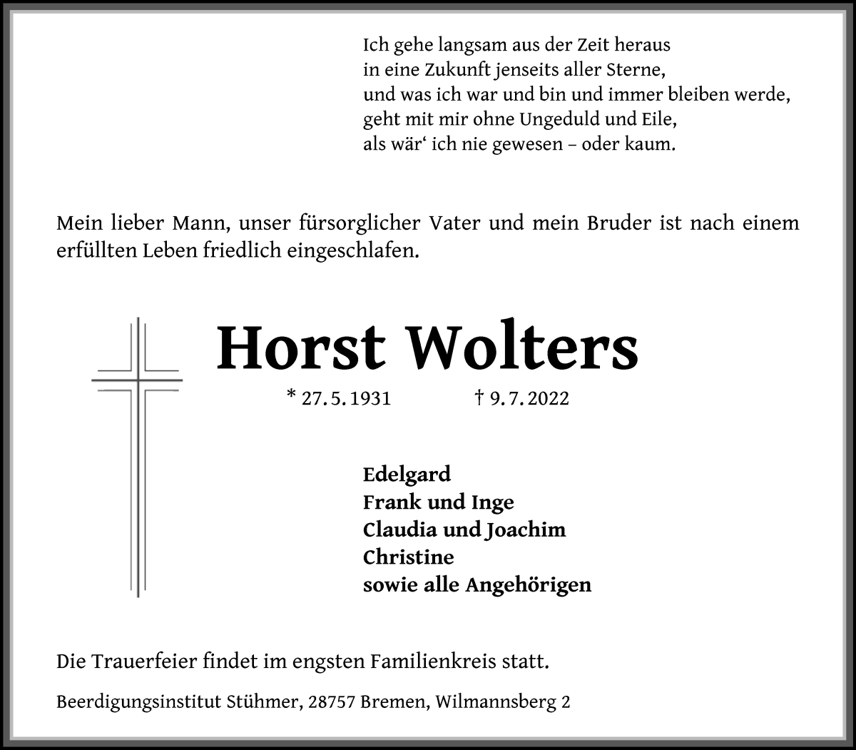 Traueranzeige von Horst Wolters von Die Norddeutsche