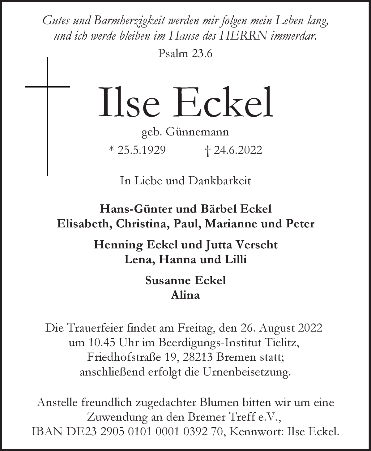 Traueranzeige von Ilse Eckel von WESER-KURIER
