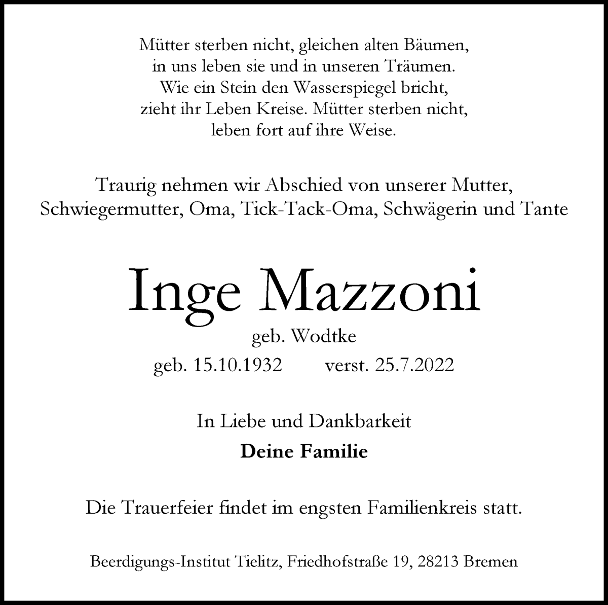 Traueranzeige von Inge Mazzoni von WESER-KURIER