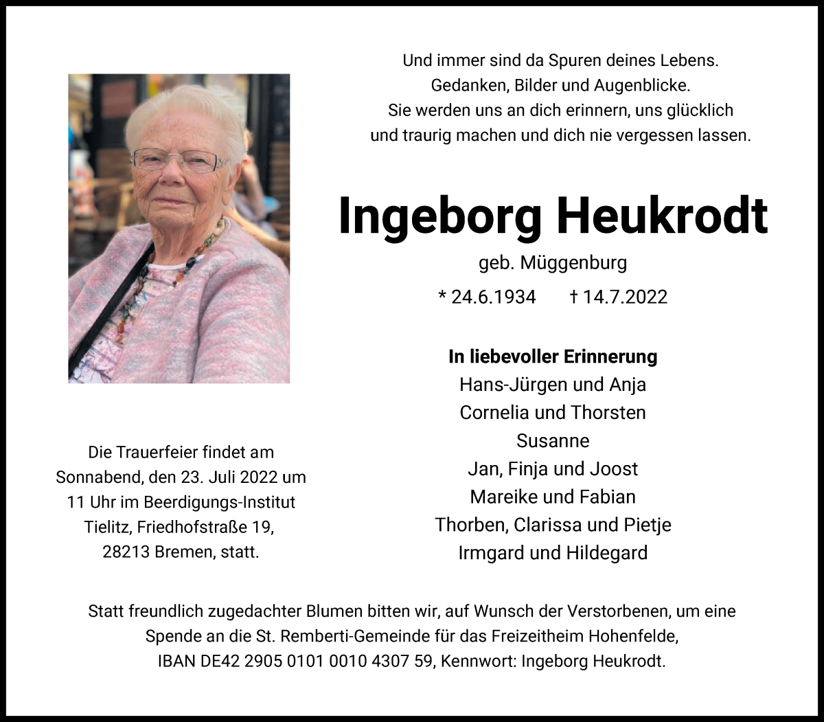 Traueranzeige von Ingeborg Heukrodt von WESER-KURIER