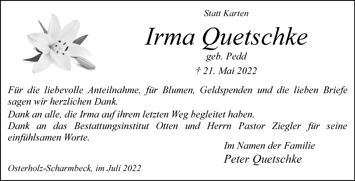 Traueranzeige von Irma Quetschke von Osterholzer Kreisblatt