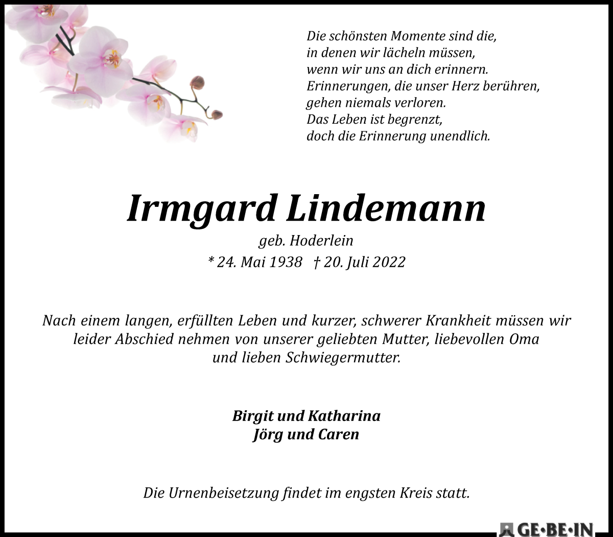Traueranzeige von Irmgard Lindemann von Die Norddeutsche