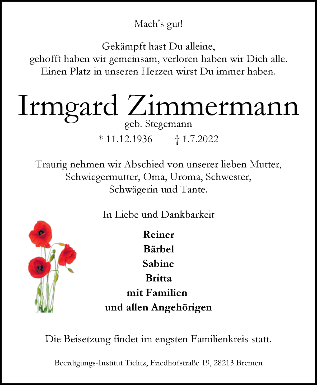 Traueranzeige von Irmgard Zimmermann von WESER-KURIER