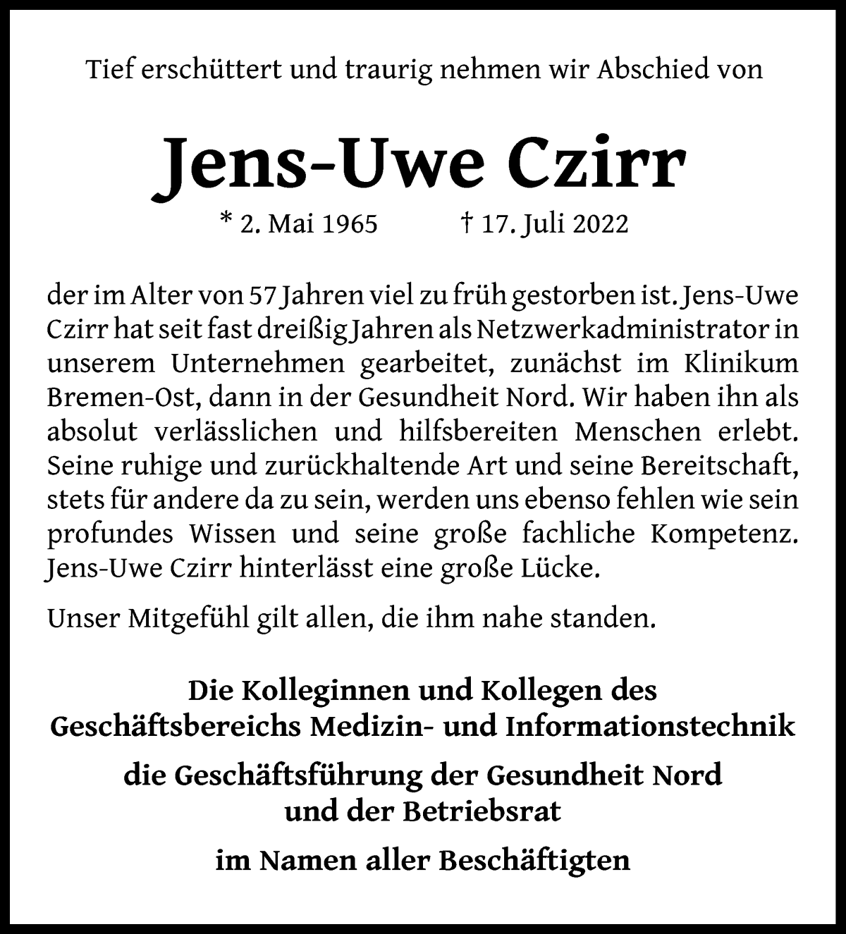 Traueranzeige von Jens-Uwe Czirr von WESER-KURIER