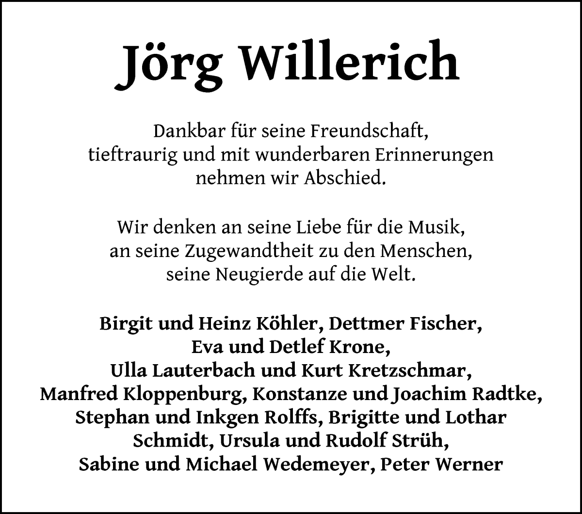 Traueranzeige von Jörg Willerich von Die Norddeutsche