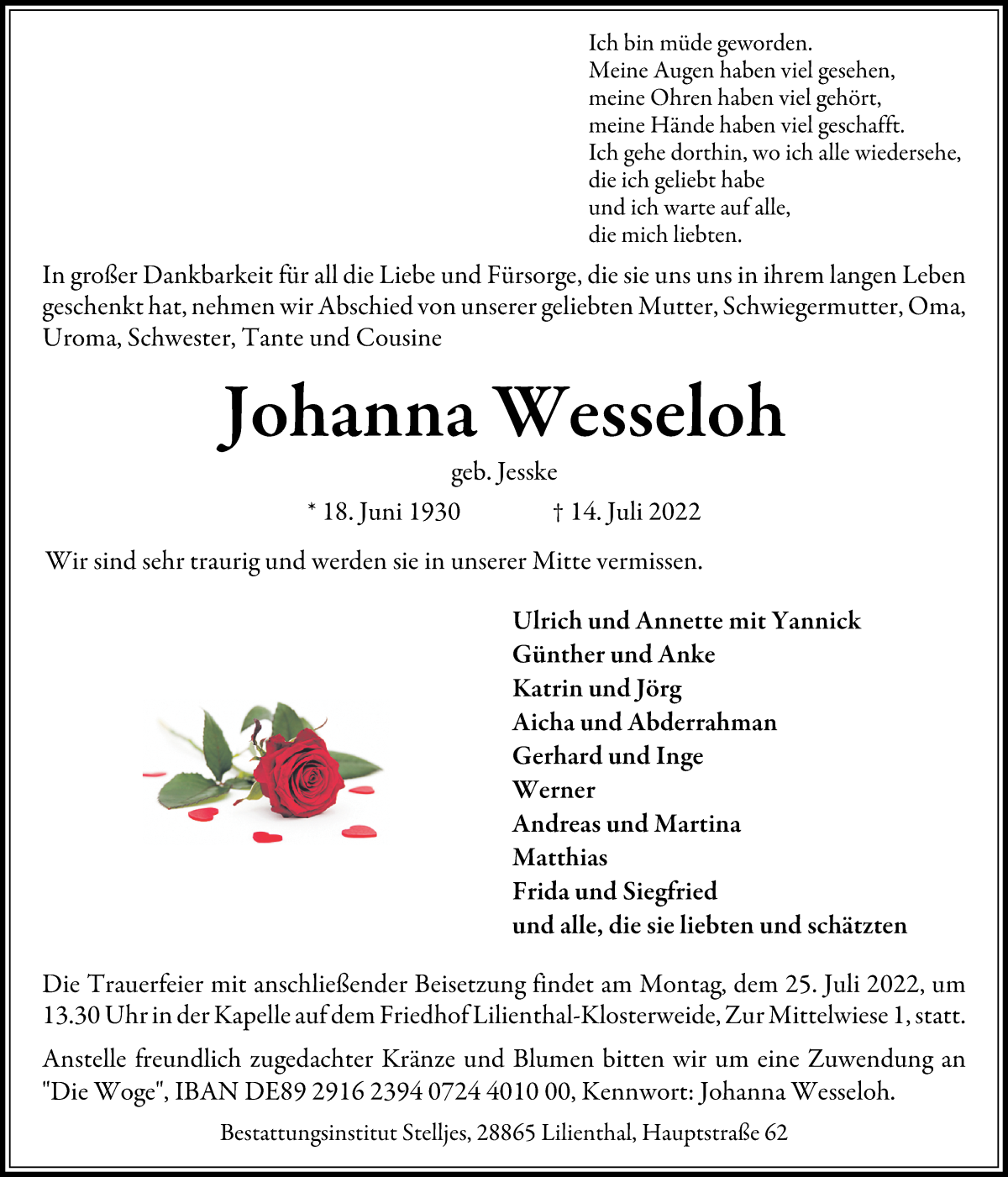 Traueranzeige von Johanna Wesseloh von Wuemme Zeitung