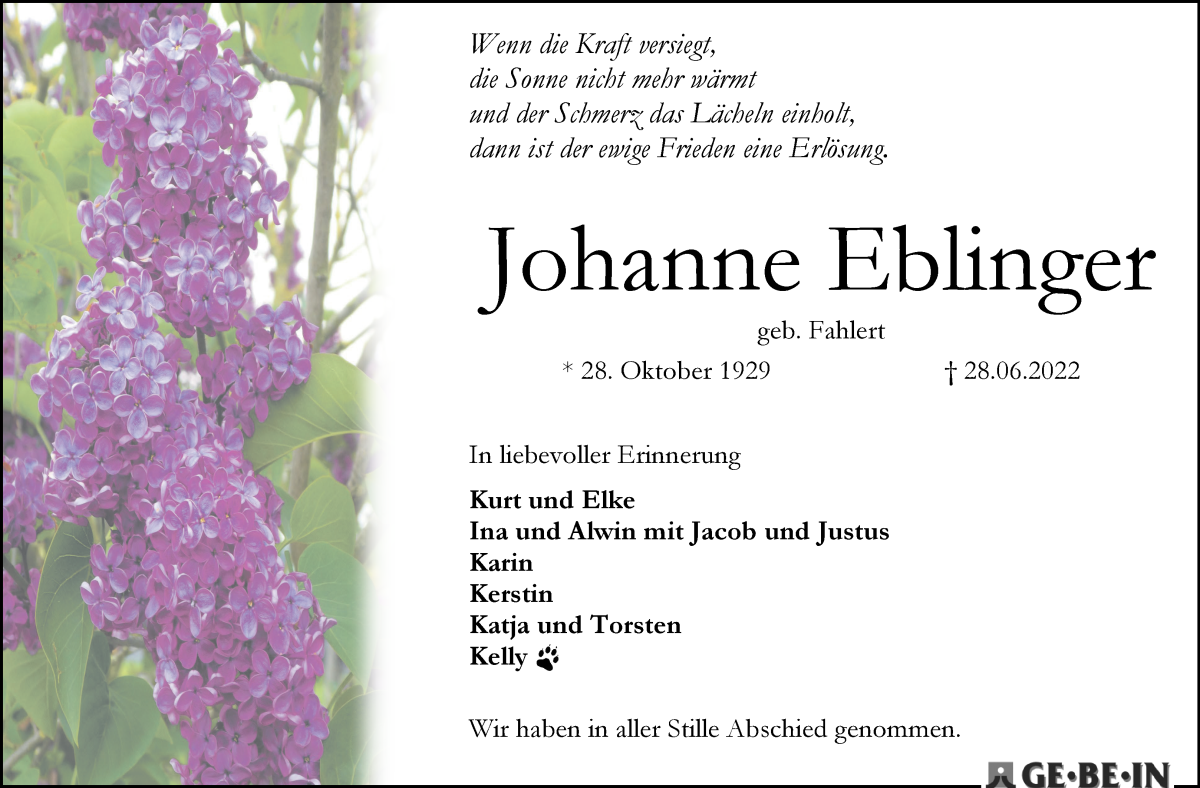 Traueranzeige von Johanne Eblinger von WESER-KURIER