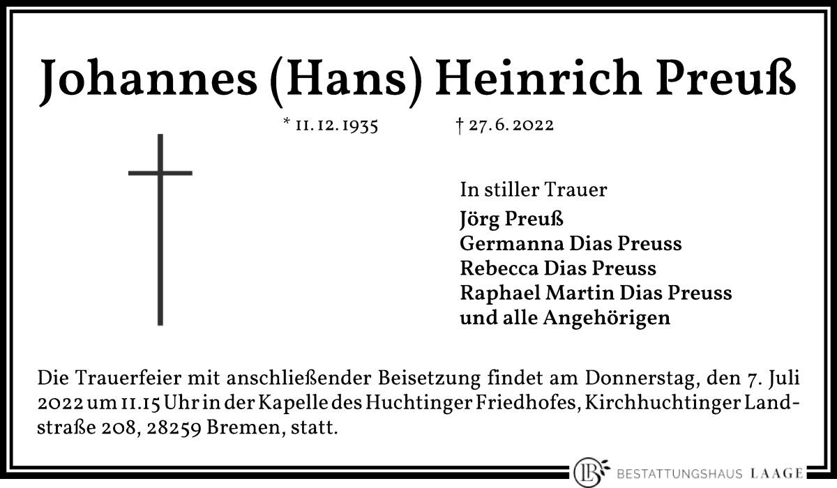 Traueranzeige von Johannes (Hans) Heinrich Preuß von WESER-KURIER