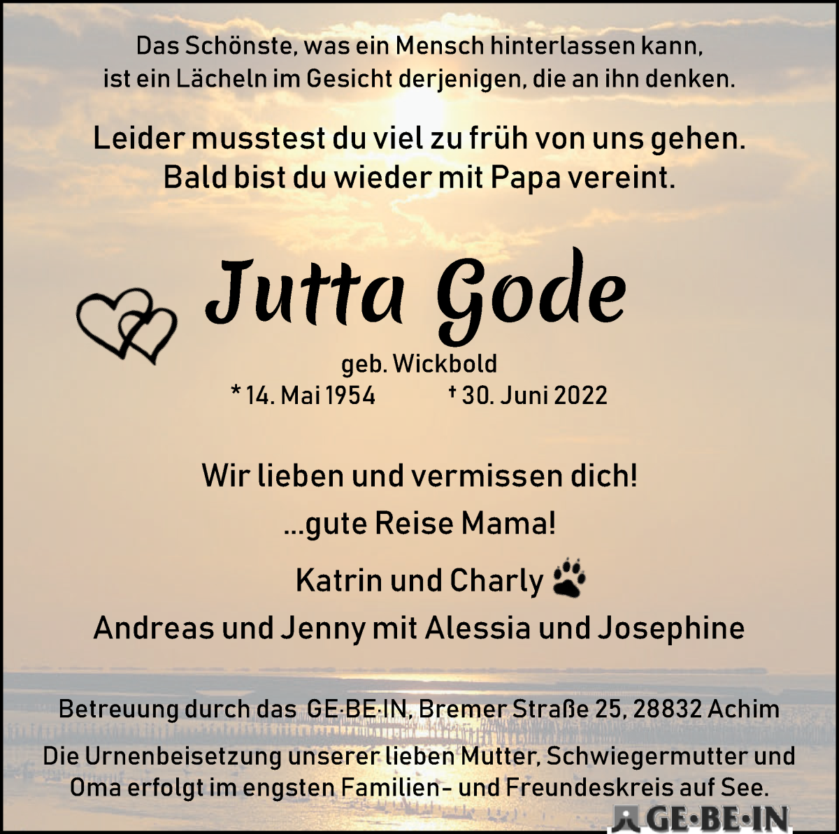 Traueranzeige von Jutta Gode von WESER-KURIER