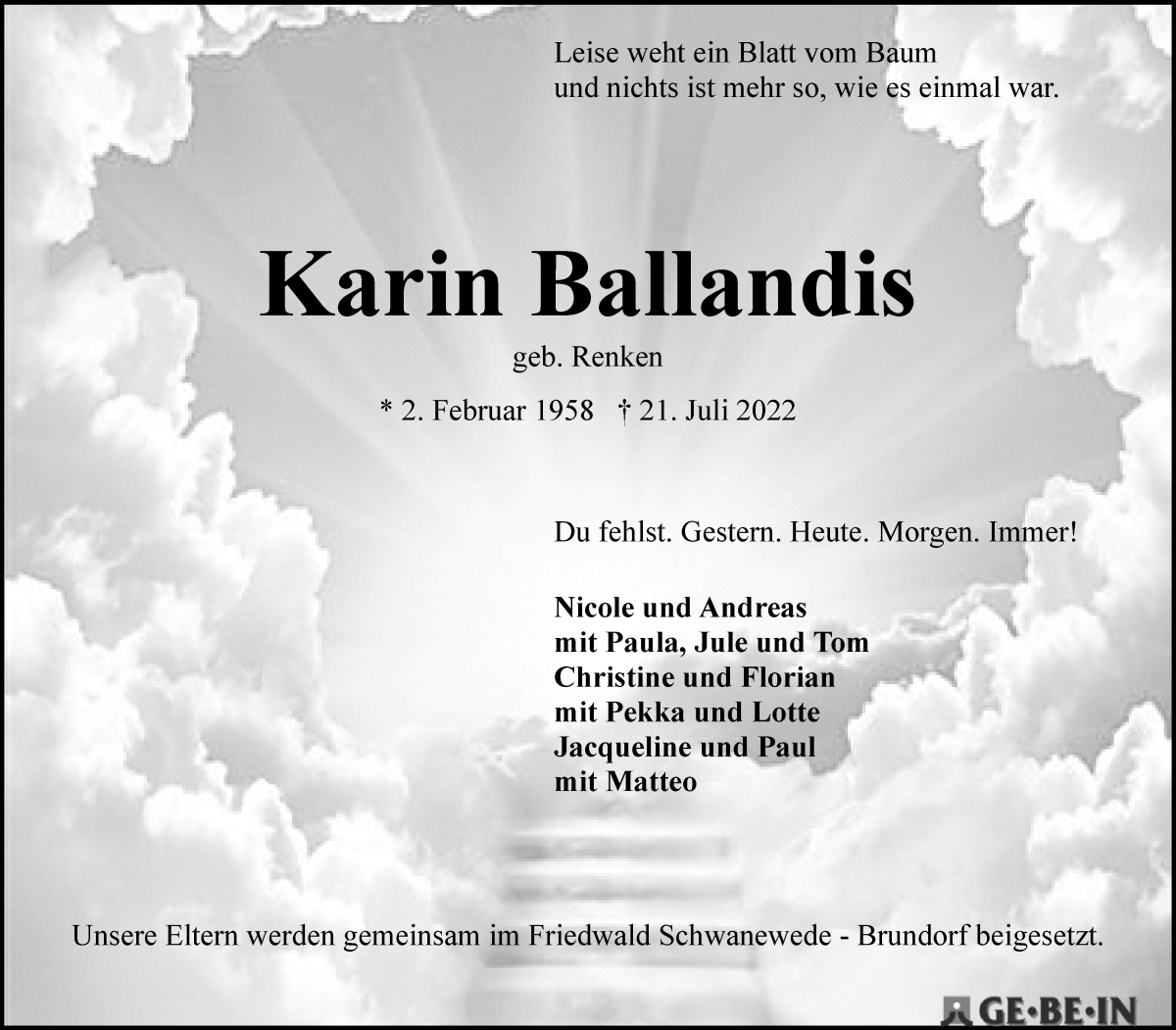 Traueranzeige von Karin Ballandis von WESER-KURIER