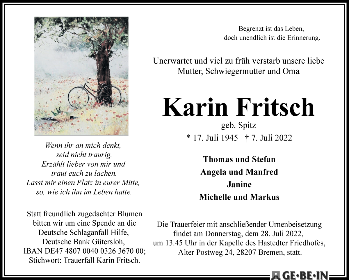 Traueranzeige von Karin Fritsch von WESER-KURIER