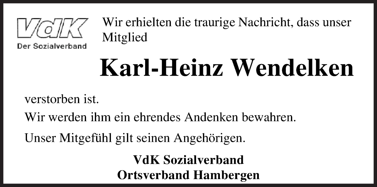 Traueranzeige von Karl-Heinz Wendelken von Osterholzer Kreisblatt
