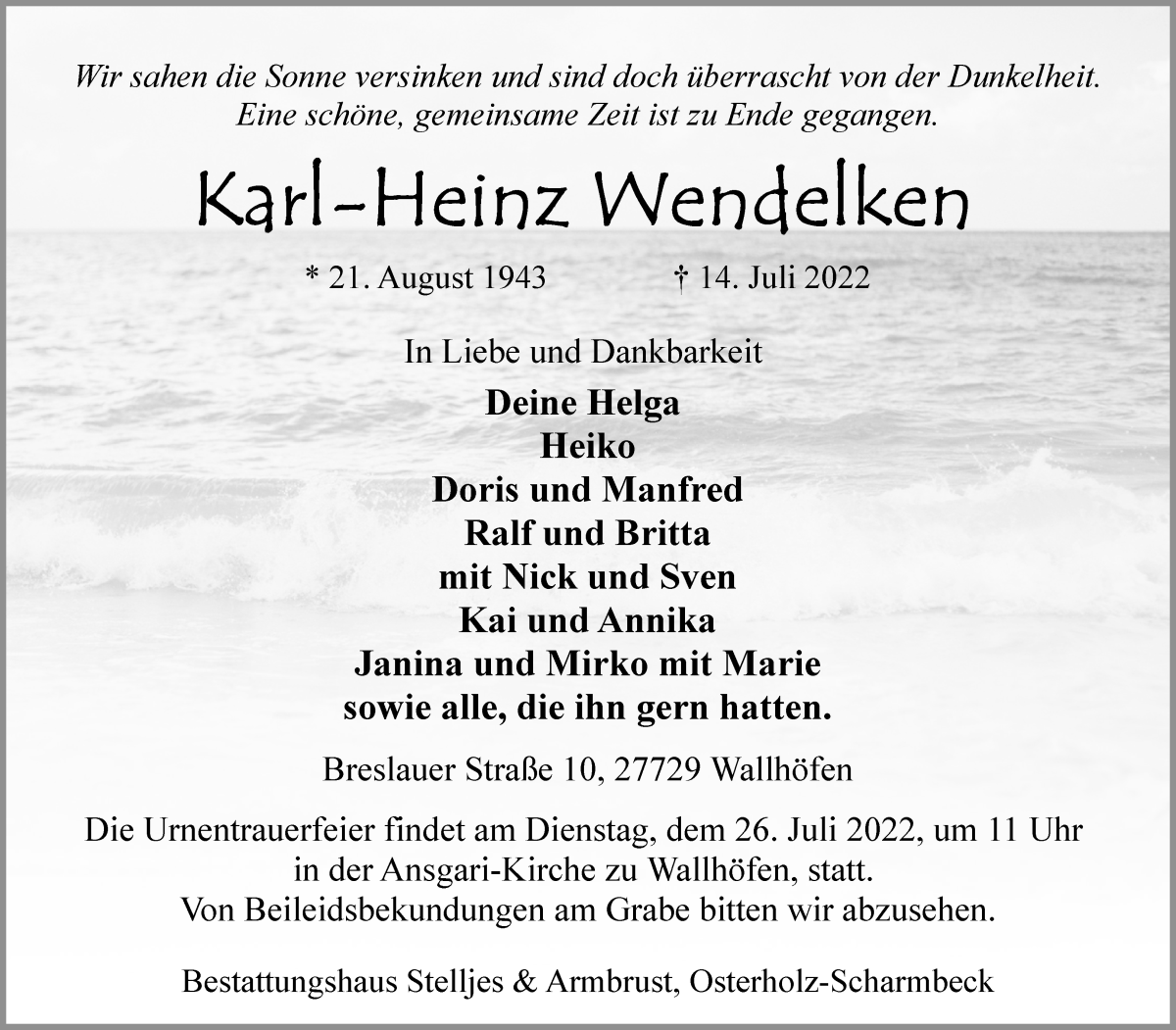 Traueranzeige von Karl-Heinz Wendelken von Osterholzer Kreisblatt