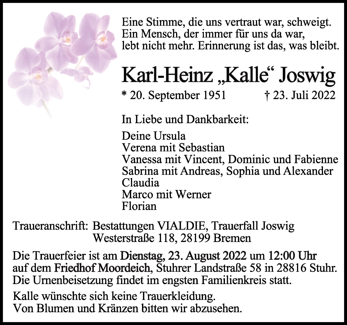 Traueranzeige von Karl-Heinz Kalle Joswig von WESER-KURIER