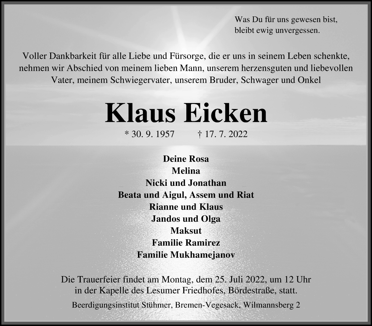 Traueranzeige von Klaus Eicken von WESER-KURIER