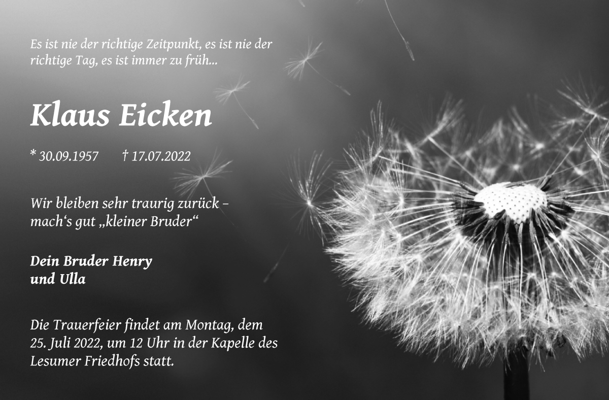 Traueranzeige von Klaus Eicken von Die Norddeutsche