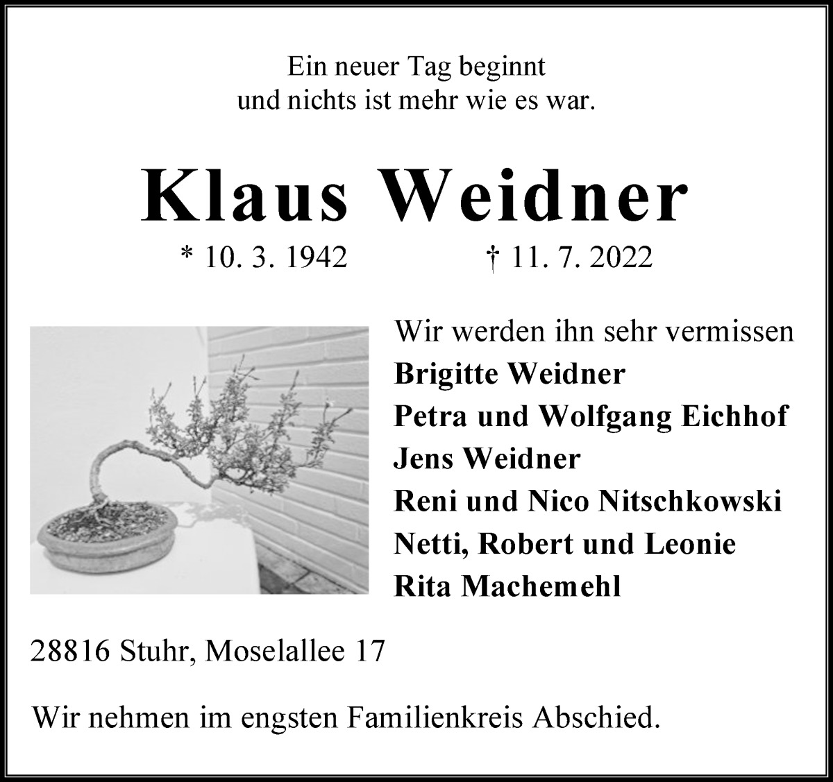 Traueranzeige von Klaus Weidner von WESER-KURIER