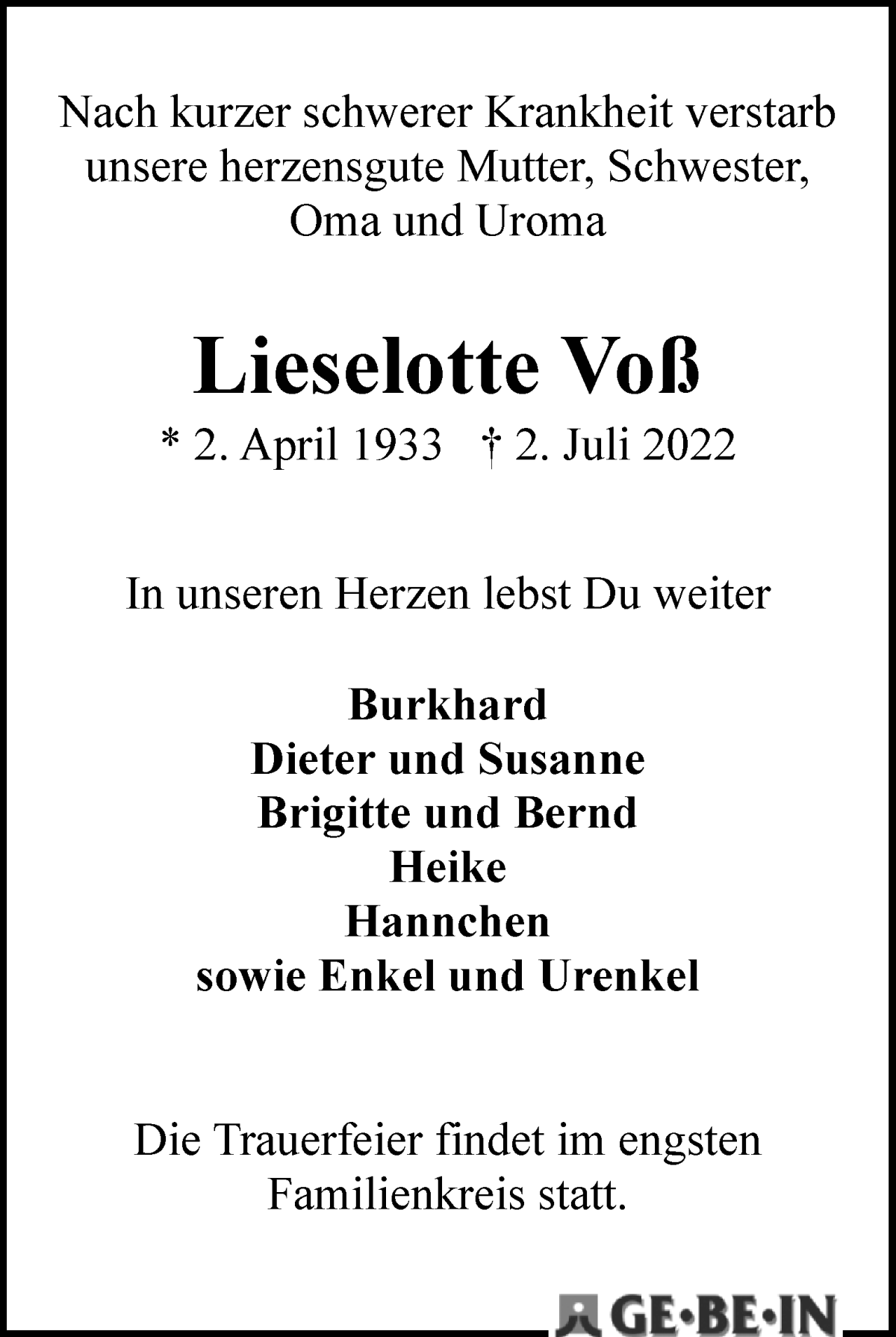 Traueranzeige von Lieselotte Voß von WESER-KURIER