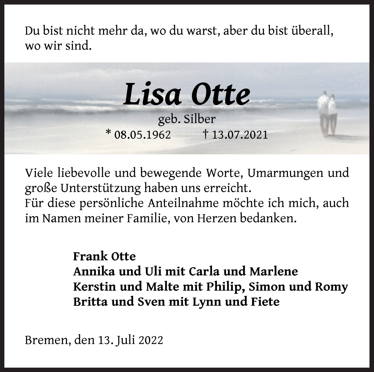 Traueranzeige von Lisa Otte von WESER-KURIER