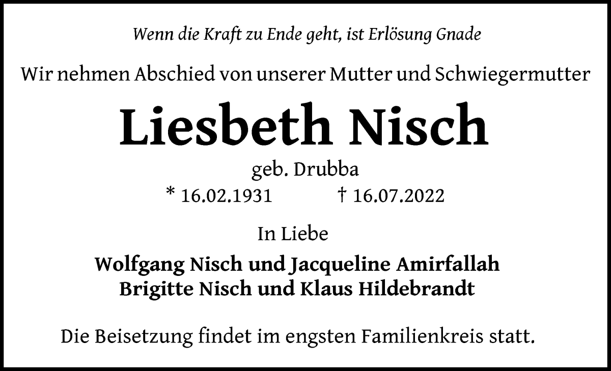 Traueranzeige von Lisbeth Nisch von WESER-KURIER