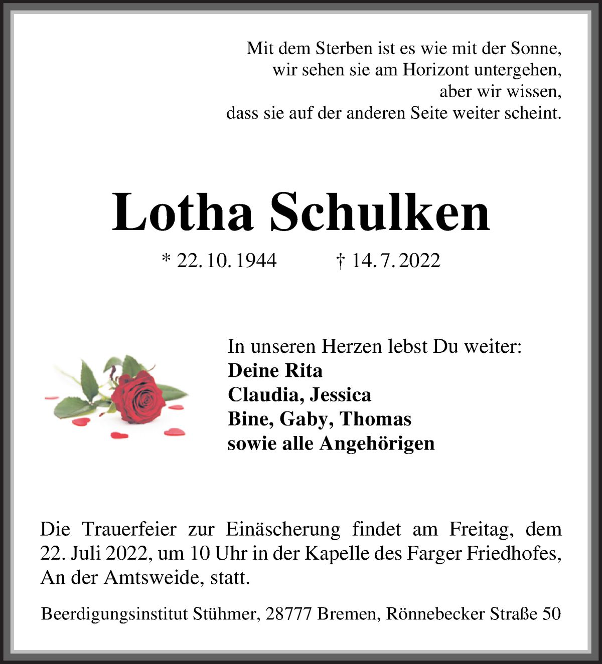 Traueranzeige von Lotha Schulken von Die Norddeutsche