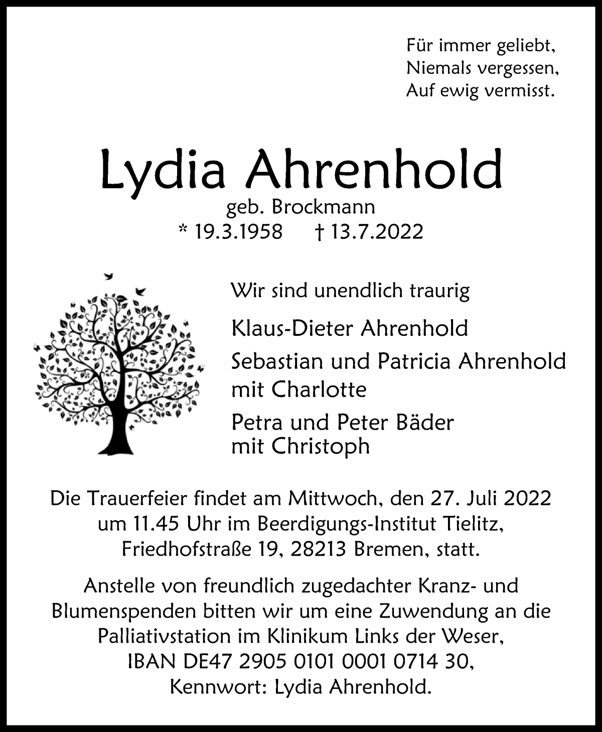 Traueranzeige von Lydia Ahrenhold von WESER-KURIER