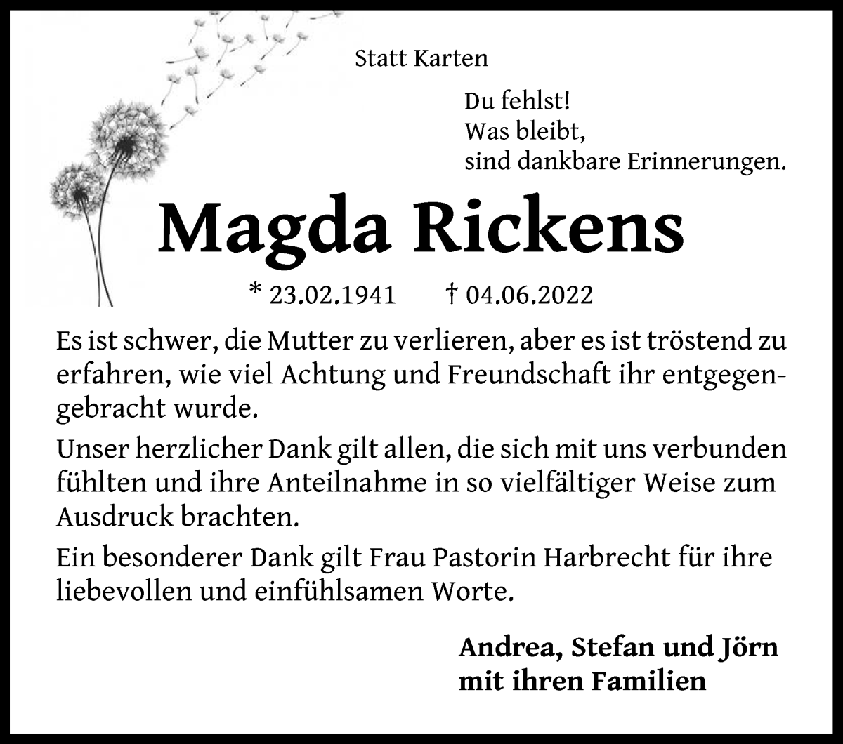 Traueranzeige von Magda Rickens von WESER-KURIER