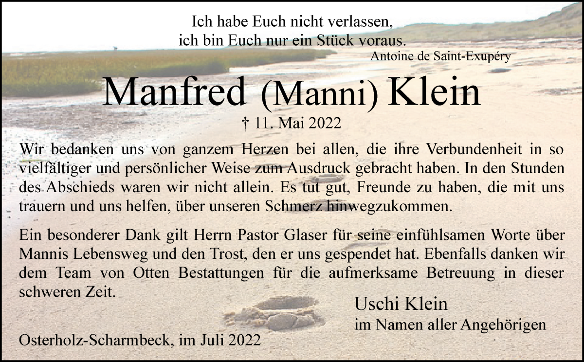 Traueranzeige von Manfred Klein von Osterholzer Kreisblatt
