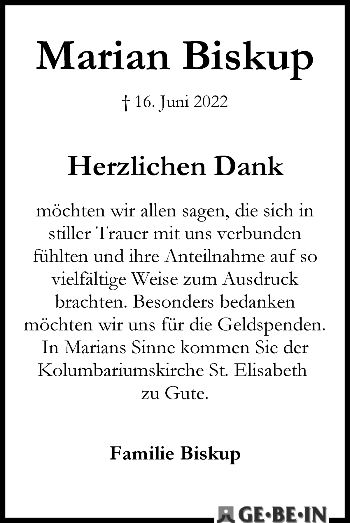Traueranzeige von Marian Biskup von WESER-KURIER