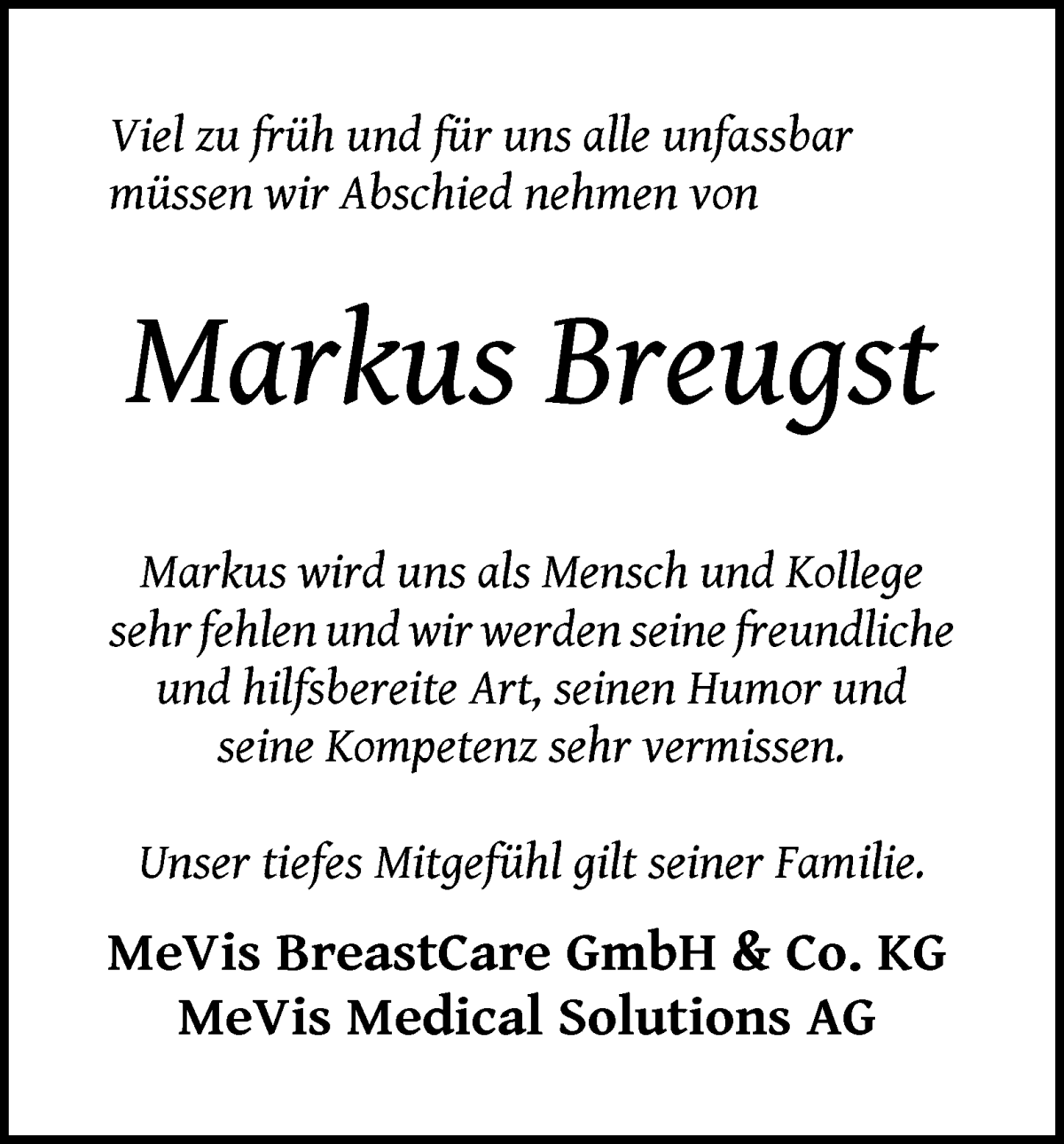 Traueranzeige von Markus Breugst von WESER-KURIER