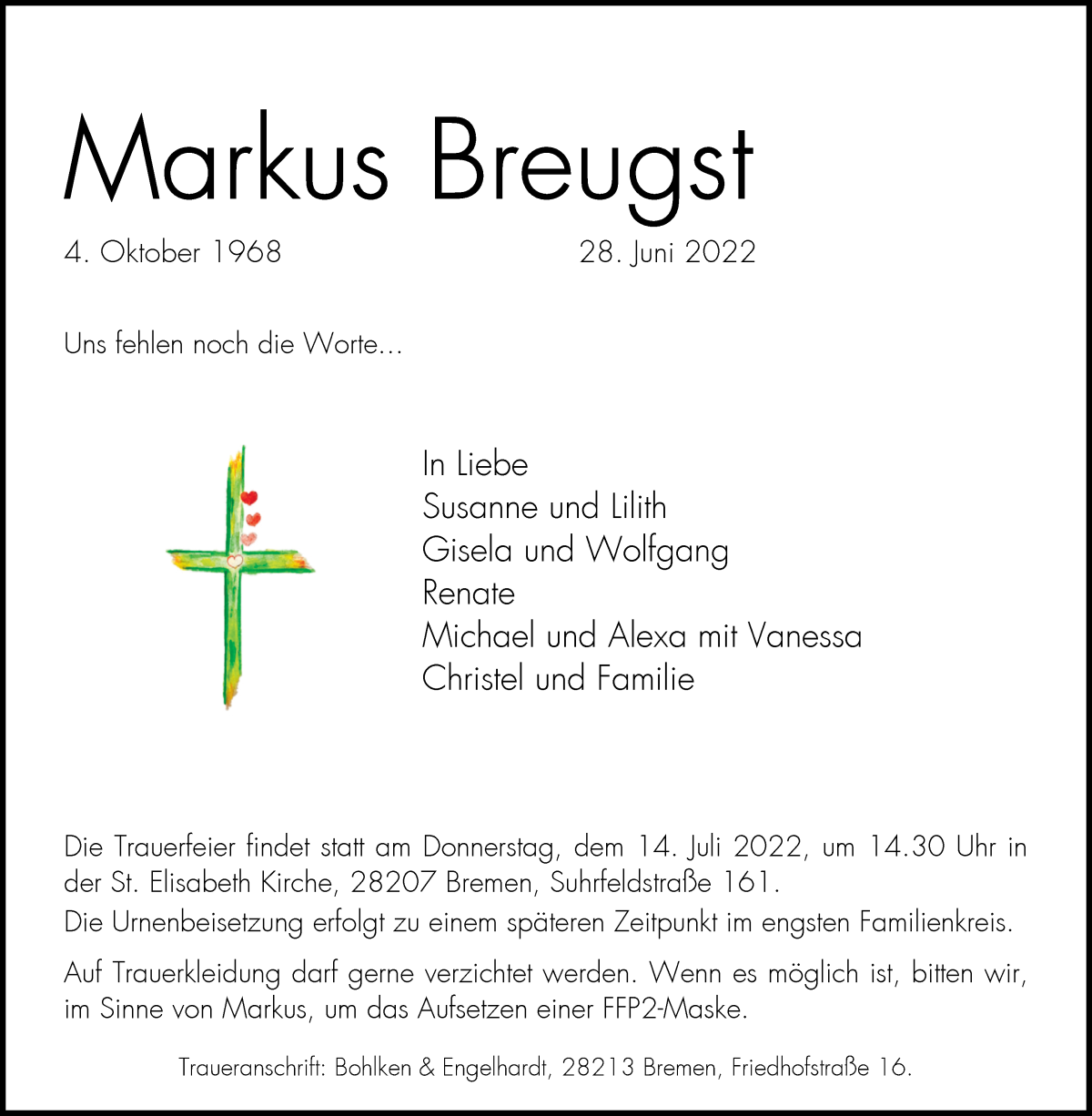 Traueranzeige von Markus Breugst von WESER-KURIER